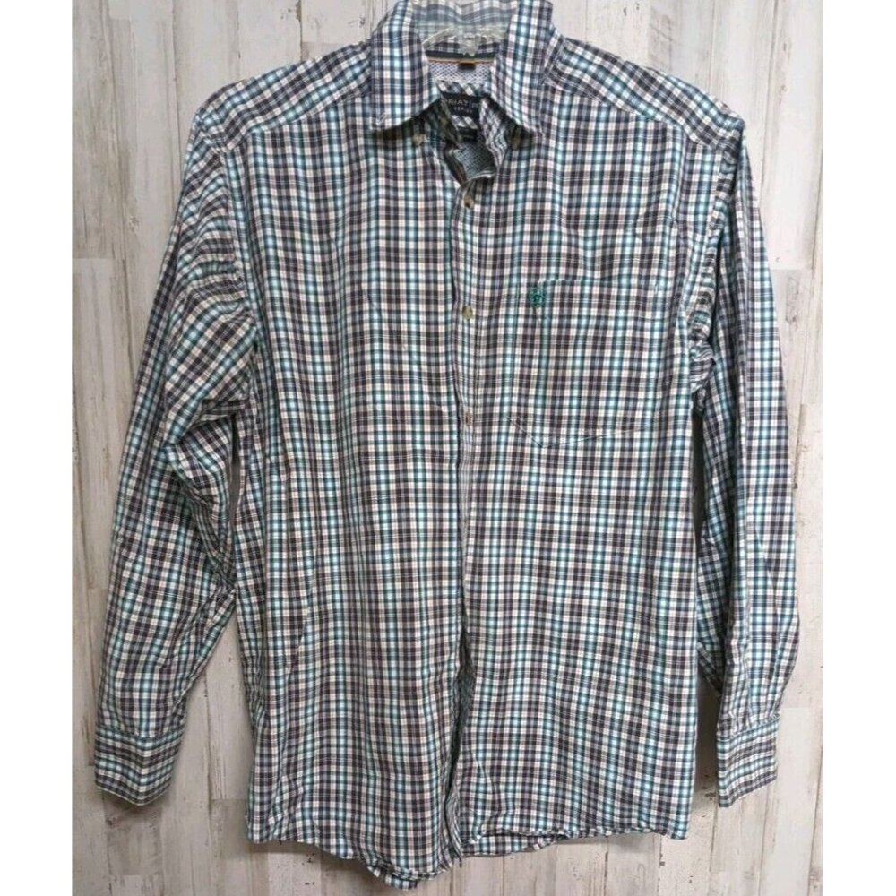 Ariat Pro Series Shirt Medium Button Down Plaid Pockets Turquoise
